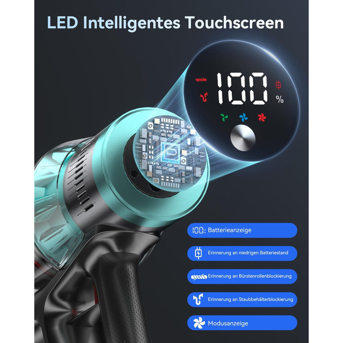 Бездротовий акумуляторний пилосос YU7 580W з потужністю всмоктування 47000Pa, час роботи до 70 хвилин, сенсорний екран, для килимів, шерсті тварин, твердих поверхонь