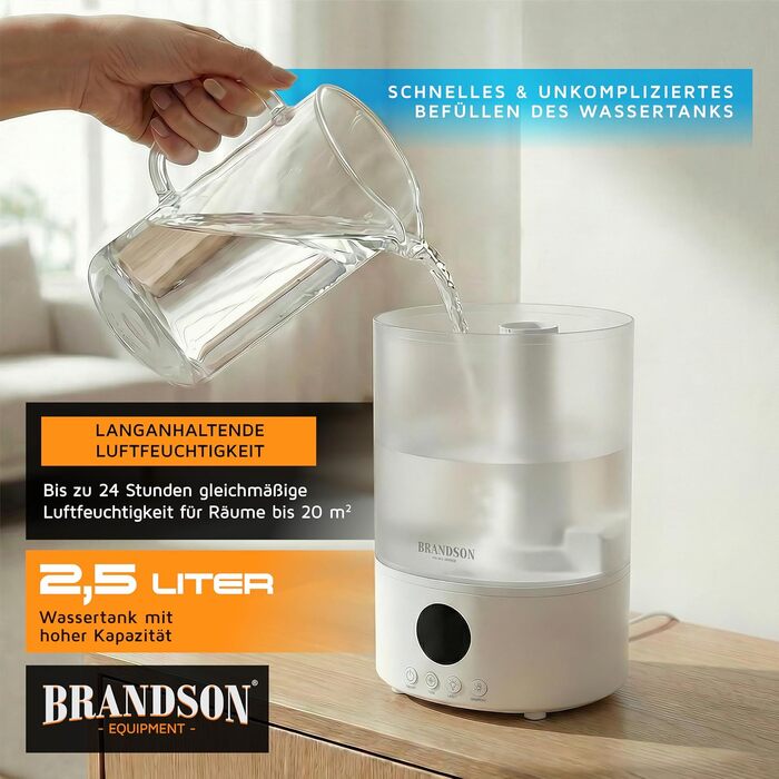 Зволожувач повітря Brandson 2.5 л, ультратихий (30 дБ), пульт, дисплей, 3 режими туману, RGB, нічний режим, для спальні, дитячої, вітальні