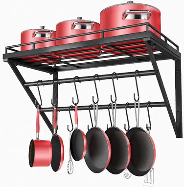 OROPY Pot Rack, 3-Tier Iron Kitchen Shelf, Wall Mount, Pan Holder with 12 Hooks, 60 * 29.5 * 24.5cm, Kitchen Utensil Holder, Kitchen Wall Shelf for Pots and Pans