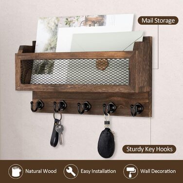 Держатель для ключей и корреспонденции Nekon на стену, 28 см, дерево, 5 крючков, полка для прихожей