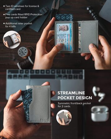 Кредитне портмоне VULKIT з двома віконцями для ID, RFID-захистом, автоматичне відкривання, шкіряне, сірий колір