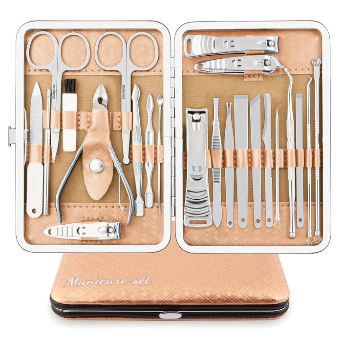 Набір для манікюру та педикюру 23 шт. Професійний набір для стрижки нігтів з нержавіючої сталі з дорожньою косметичкою з шкіри (Золото/Срібло)