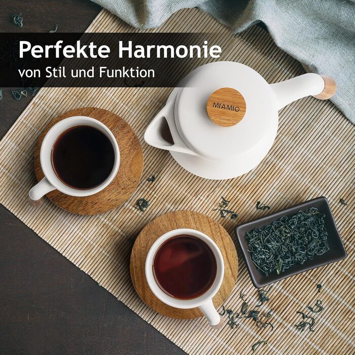 Набір для чаю Miamio: керамічний чайник 1 л з ситечком та 4 чашки (300 мл), бамбукові підставки