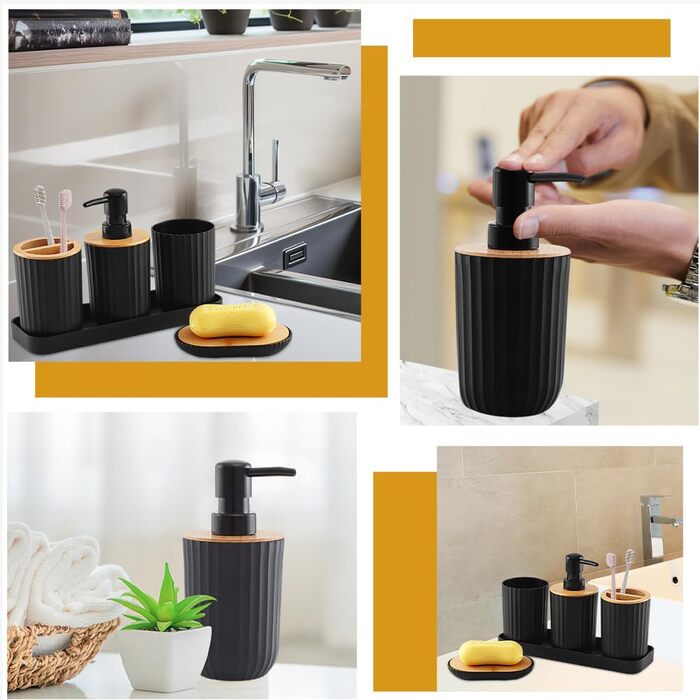 Чорний набір аксесуарів для ванної кімнати (5 шт.): мильниця, стакан, дозатор мила, тримач для зубних щіток, пластик