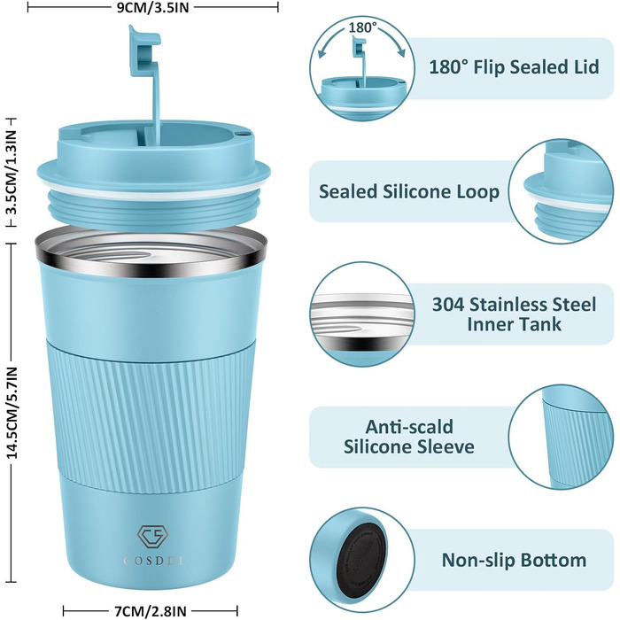 Термокружка CS COSDDI з нержавіючої сталі, 380 мл, з кришкою, для кави, води та чаю, подвійні стінки, ізольована, для подорожей та автомобіля