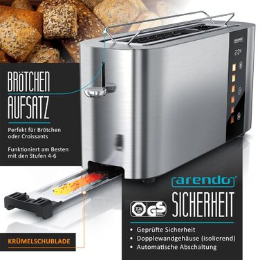 Тостер Arendo з нержавіючої сталі, 2 відділення, довгий проріз, сенсорний екран, подвійні стінки, насадка для бургерів, 6 рівнів підсмажування, центрування хліба, індикатор часу, функція пам'яті, чорний (C: Steelsilver)