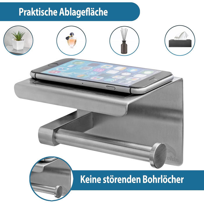 Тримач для туалетного паперу без свердління з полицею, нержавіюча сталь, хром (самоклеючий)
