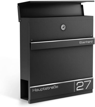 Поштова скринька Metzler Anthrazit RAL 7016 з газетницею та номером будинку – персоналізована лазерним гравіюванням – сучасний поштовий ящик з табличкою, водонепроникний та стійкий до іржі | Модель Hermann