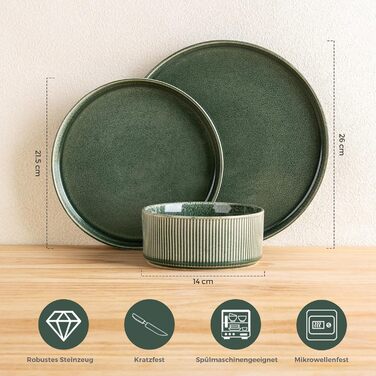 Набір посуду GBhome з каменю, 18 предметів, ручна робота, реактивна глазур, набір тарілок та мисок, зелений, безпечний для мікрохвильовки та посудомийної машини