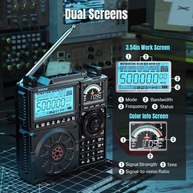 Радіоприймач Raddy RF919 SSB: FM/AM/SW/VHF/UHF/AIR/CB, з тюнером, 3 антени, 5000mAh, сірий