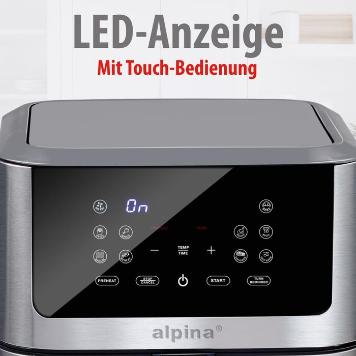 Фритюрниця Alpina Heißluft XXL: Цифрова фритюрниця Air Fryer на 8 літрів, 1800W, для 4-6 осіб, з таймером до 2 годин, 80-200°C