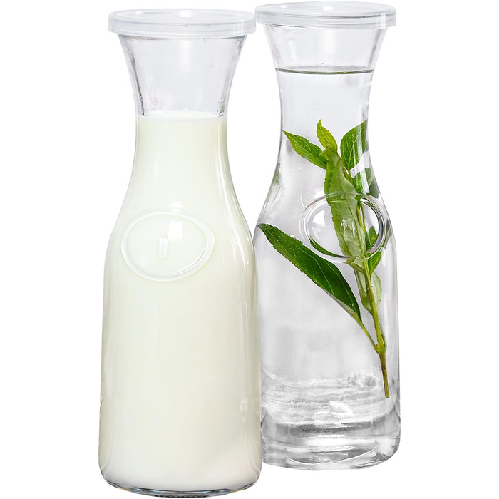 Glass Carafe Style 1 Liter with Lid for 1 Liter (2), Water, Juice, Tall Slim Neck Design, 935 ml, 2 Pieces, Transparent
