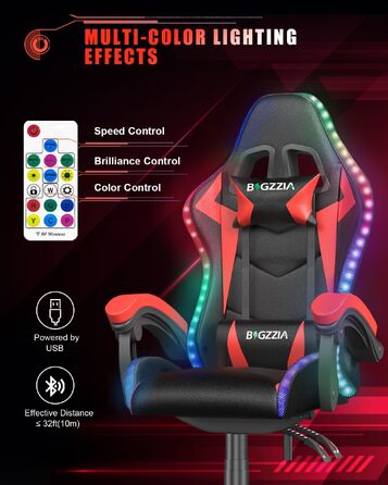 Ігрове крісло Racingreat з RGB LED підсвіткою, ергономічне геймерське крісло (Чорно-червоне, Синя світлова смуга)