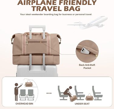 Велика дорожня сумка жіноча 46L Weekender з косметичкою, відділенням для взуття та вологих речей, для подорожей літаком (Колір: Шампань)
