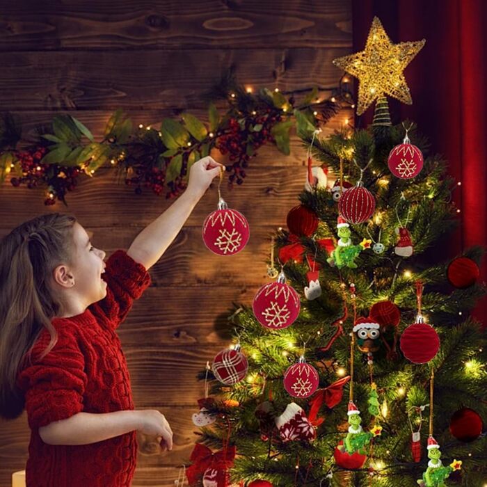 16 штучних новорічних кулі червоного кольору, 6 см, для прикраси ялинки. Набір міцних пластикових кулішок з гачками для ялинки. Новорічний декор для ялинки.