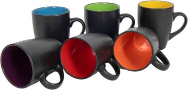 Набір келихів для кави 6 шт. 340 мл - чорний матовий/всередині кольоровий - з ручкою - чайний/кавовий з порцеляни, багато кольорів