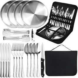 Набір посуду для кемпінгу MOMAHUA на 2 особи (10 шт.): нержавіюча сталь, для пікніків та подорожей, з сумкою для багаторазового використання. Срібний набір посуду на 4 особи