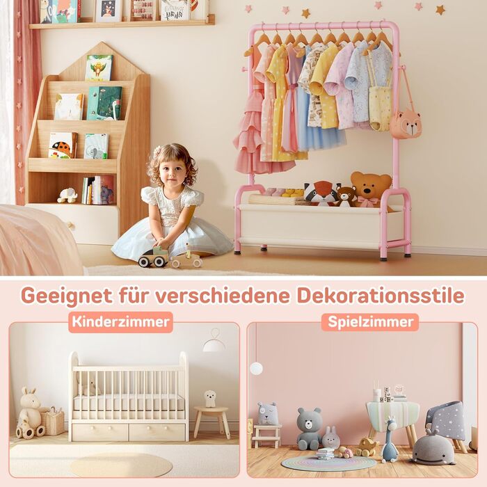 Дитяча вішалка для одягу Kinder Garderobe, 80x30x125 см, рожева. З гачками та кошиком для зберігання, U-подібна основа.
