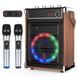 Караоке-система JYX з 2 бездротовими мікрофонами UHF, Bluetooth-колонкою з регулюванням басів/високих частот та LED-підсвіткою, підтримка PA-системи TWS, AUX, FM, запис. Для вечірок, дорослих та дітей. Чорний колір.
