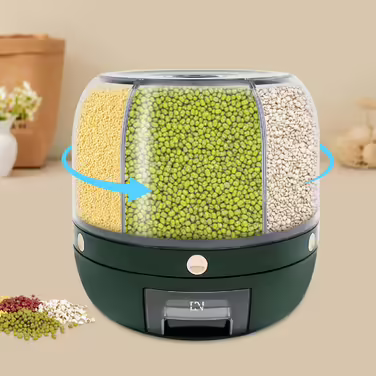 Rotating Dry Food Storage Container with 6 Compartments, Cereal Storage Container, Countertop, 6 kg Grain Organizer and Dispenser, Round, 360-degree Rotating Food Dispenser for