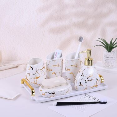 Bathroom Accessories Set, Gold Marble Look, Modern 6-Piece Bathroom Accessories Set, complete with soap dispenser, toothbrush holder, cup, tray, countertop (White Gold)