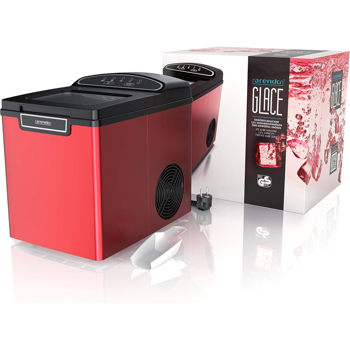 Stainless steel ice maker, ice cube maker, ice maker machine 1.8 Liter ice cube maker, ice cream machine with cooling, ice cube sizes small and large, status LEDs ABS BPA free, silver stainless steel (D: Red)