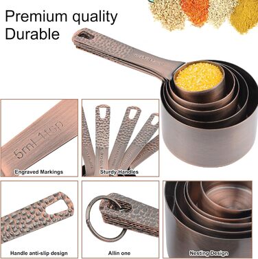 Copper Measuring Cups and Spoons Set, Stainless Steel Measuring Cups and Spoons Set for Baking and Kitchen, Cute Metal Measuring Cups and Spoons with Leveler and 1/8 Cup