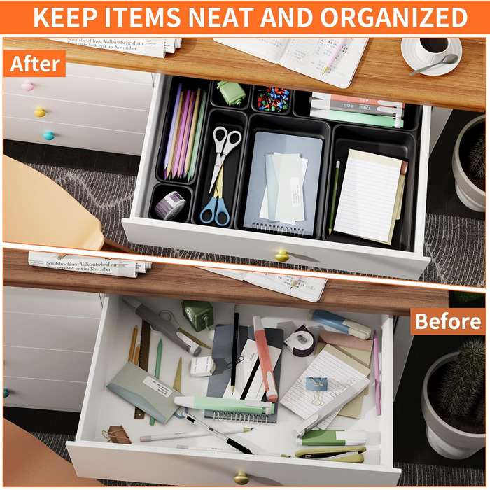 45 Piece Drawer Organizer Set for Office with 3 Sizes, Vanity Makeup Organizer Drawer, Storage Desk Organizer Drawer System for Kitchen, Bedroom, Bathroom, Office, Grey (4 - Sizes, Black (25 Pieces))
