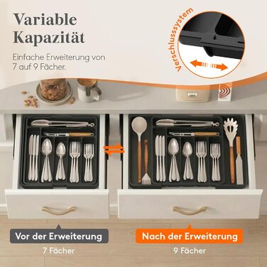 Органайзер для столових приборів Lifewit в шухляду, розсувний, 7-9 відділень, 35-48 см, чорний