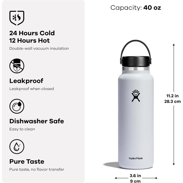 HYDRO FLASK - 1180ml (40oz) Water Bottle - Insulated Stainless Steel Water Bottle - Sports Bottle with Leakproof Flex Cap Lid & Strap - Dishwasher Safe Thermos - Wide Mouth Opening - Indigo