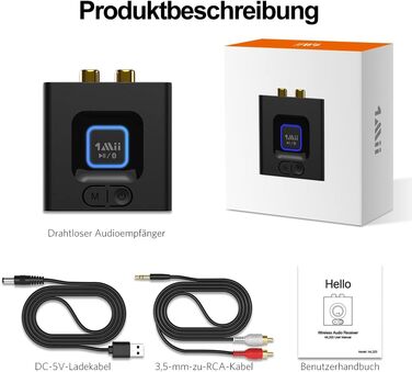 1Mii ML201 Bluetooth адаптер для стереосистеми: бездротовий аудіо приймач з AUX/Cinch, для ПК, смартфонів та планшетів, 12 годин роботи, режим басів Medium