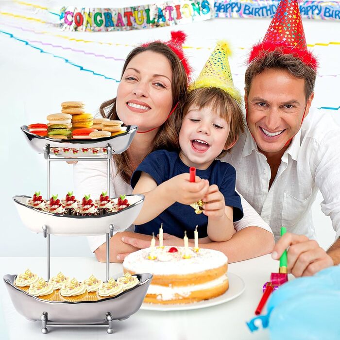 Керамічна фруктова ваза OdoVow на 3 яруси з металевим підставкою, для кухні, обіднього столу, вечірок та десертів