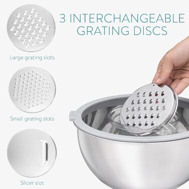 Navaris Stainless Steel Bowl Set with Lid - 2x Mixing Bowls Salad Bowls - Includes 3x Graters - Stainless Steel Bowl Set in Grey