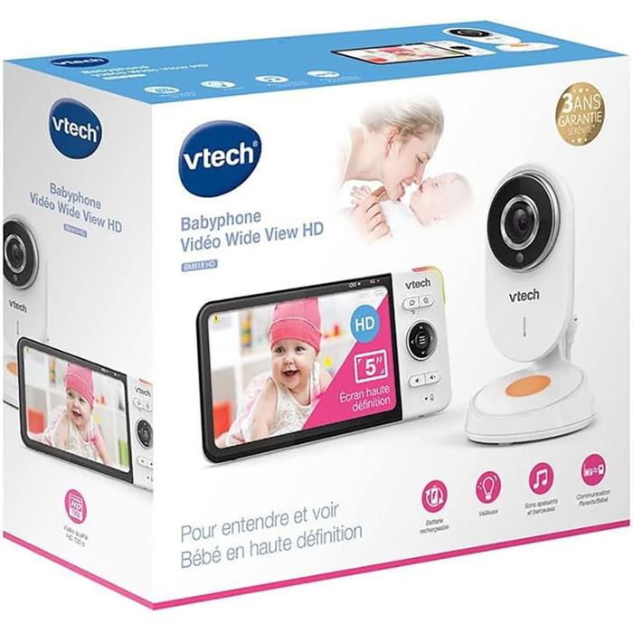 Vtech VM901-1W WiFi камера, дитячий відеомонітор з 5-дюймовим HD-дисплеєм, поворотна камера 1080P, мобільний додаток, широкий кут огляду 120°, сумісність з iOS та Android