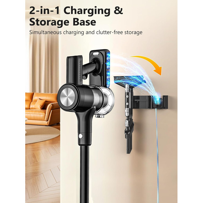 Бездротовий акумуляторний пилосос 48KPa/500W/55хв з док-станцією, LED-дисплеєм та антизаплутаною насадкою для тварин, килимів, твердих поверхонь та авто, глибокий чорний колір