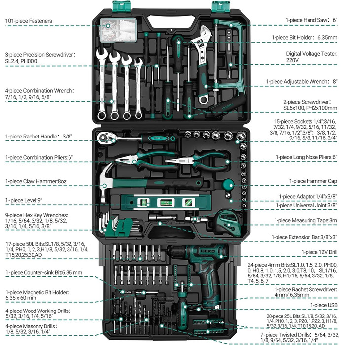 Набір акумуляторної дрилі DEKO 12V: 238 штук інструментів у кейсі. Акумуляторний дриль-шуруповерт для дому, жінок та базового ремонту. Зелений.