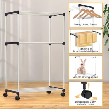 Сушарка для білизни мобільна, 3-ярусна, з коліщатками для ванної кімнати, квартири та пральні