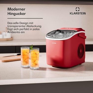 Льодогенератор Klarstein, 12 кг/24 год, 2 розміри кубиків, 1,3 л, LED-індикація, прозора кришка, портативний, для вечірок і садових свят, червоний