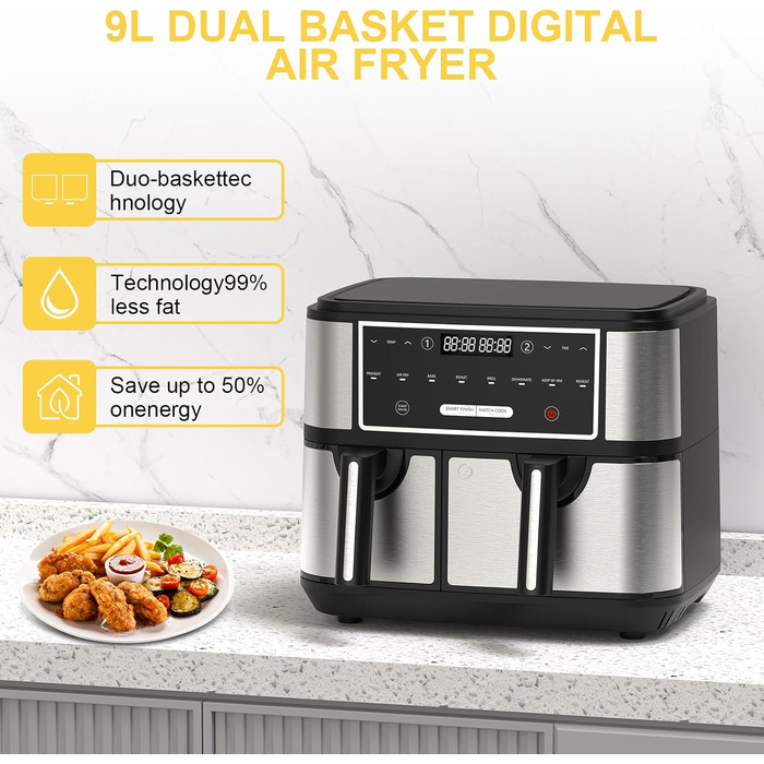 Euary Max Dual Zone 10L цифрова аерофритюрниця з двома незалежними кошиками 4 л та 6 л для сім'ї, 8-в-1, з рецептурником, таймером і регулюванням температури