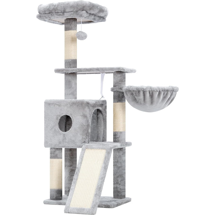 Котячий будиночок Hey-brother Kratzbaum 108 см, багатоярусний котячий комплекс з когтеточками, рампою, гніздечком та іграшками, сірий MPJ007SW