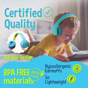 Дитячі навушники PowerLocus Bluetooth з обмеженням гучності 85dB, складні, з чохлом, Over-Ear, бездротові та з кабелем, з мікрофоном, Micro-SD, для телефону, ПК, планшета, зелені (синьо-зелені)