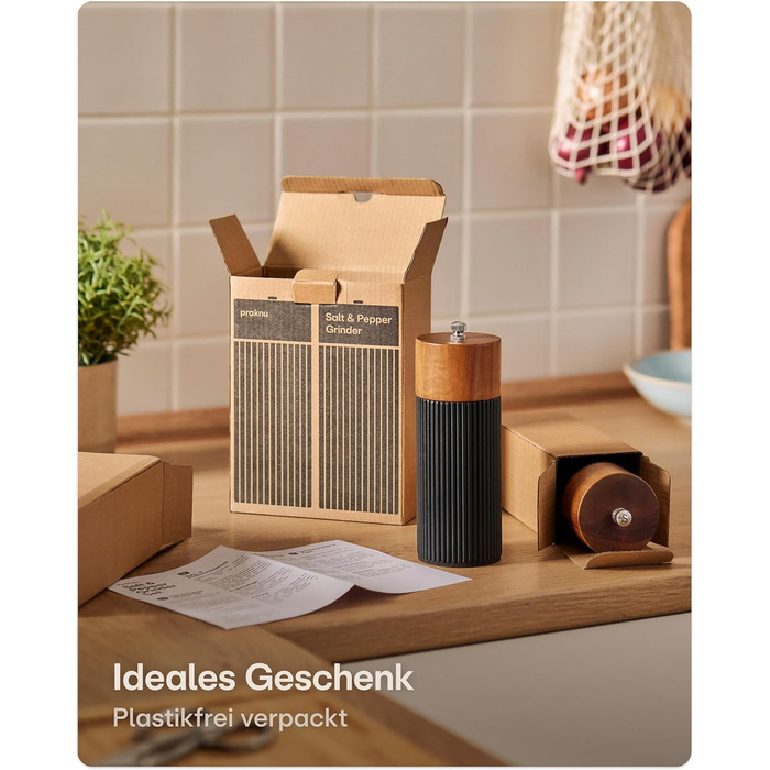 Набір для перцю та солі Praknu з дерев'яної акації з керамічним жорном - регулювання ступеня помолу, довговічний - дерев'яні млини для спецій - набір млинів для солі та перцю, чорний (маленький)