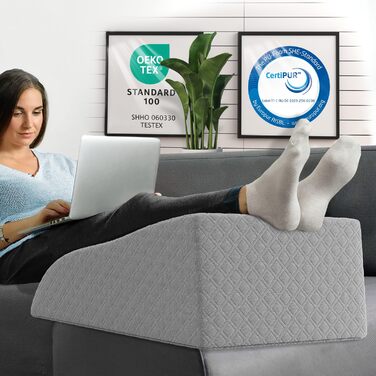 Подушка для ніг ELONEO з ефектом пам'яті (Memory Foam) для розвантаження та підняття ніг, знімний чохол, 68x40x16 см, сіра