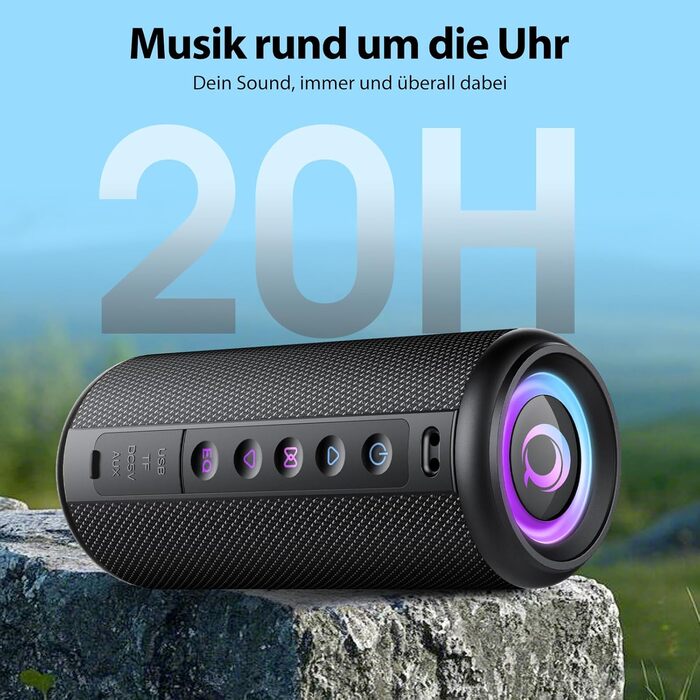 Bluetooth колонка 2026 з RGB підсвіткою, портативна, водонепроникна IPX7, з мікрофоном, для дому, саду та подорожей, чорна
