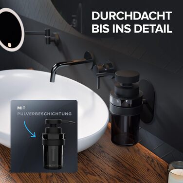 ovimar Soap Dispenser Lokta | black | Wall Mount No Drilling | made of stainless steel and black glass | Large opening | Easy to refill | Suitable for bathroom or kitchen | Hand sanitizer dispenser