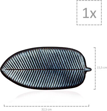 Singer | Tokio Serving Platter, Stoneware Serving Plate in Leaf Design, Oval Plate for Meat, Fish, and Snacks, Dishwasher Safe, Blue Snack Plate with Black Accents | PREMIUM COLLECTION