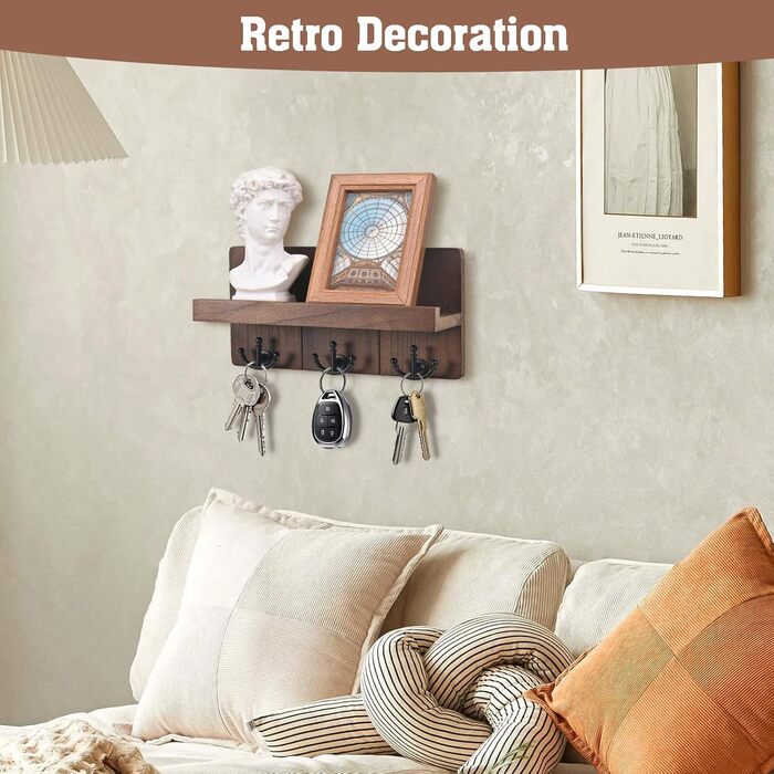 Дерев'яне ключниця з полицею та 6 гачками, ключниця на стіну для прихожей, коридору, кухні (Колір: Коричневий)