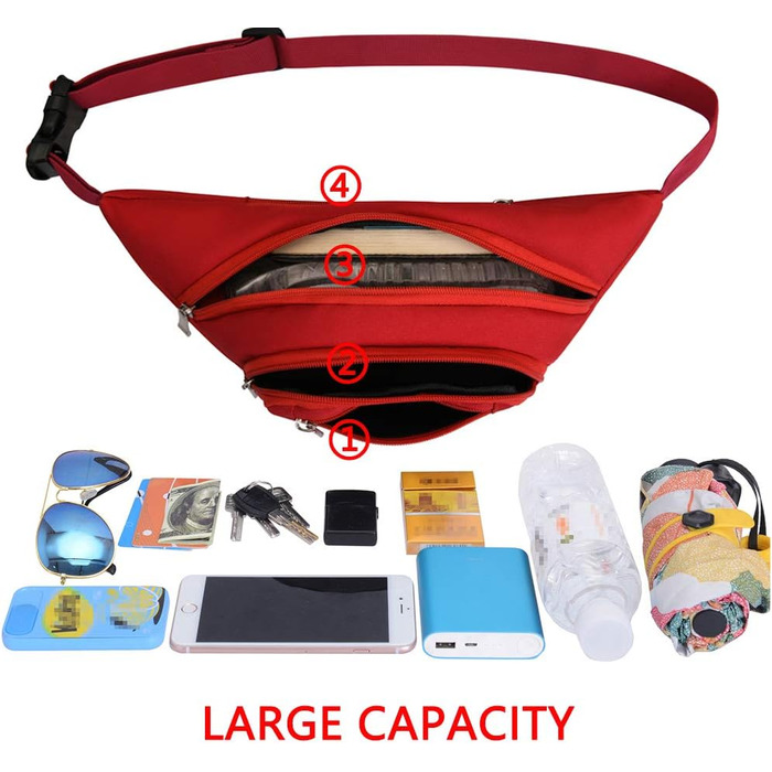 Водонепроникна поясна сумка, сумка на пояс, спортивна сумка на стегно для жінок та чоловіків, 3 кишені на блискавці, для туризму, відпочинку, спорту, червона