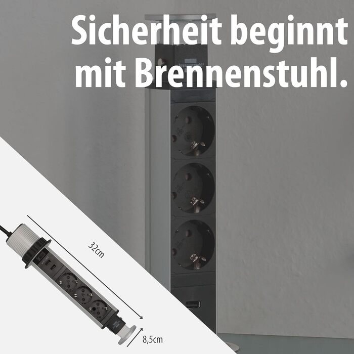 Вбудований мережевий фільтр Brennenstuhl Tower Power, висувна настільна розетка 2м, алюміній/чорний (3 розетки + USB)