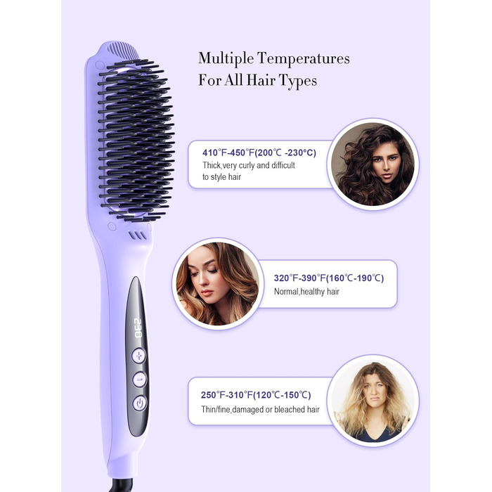 LANDOT Гладка щітка з кераміки: електрична щітка для випрямлення волосся з іонізатором та цифровим дисплеєм. Температура 120-230°C, час нагріву 30 секунд. Колір: фіолетовий